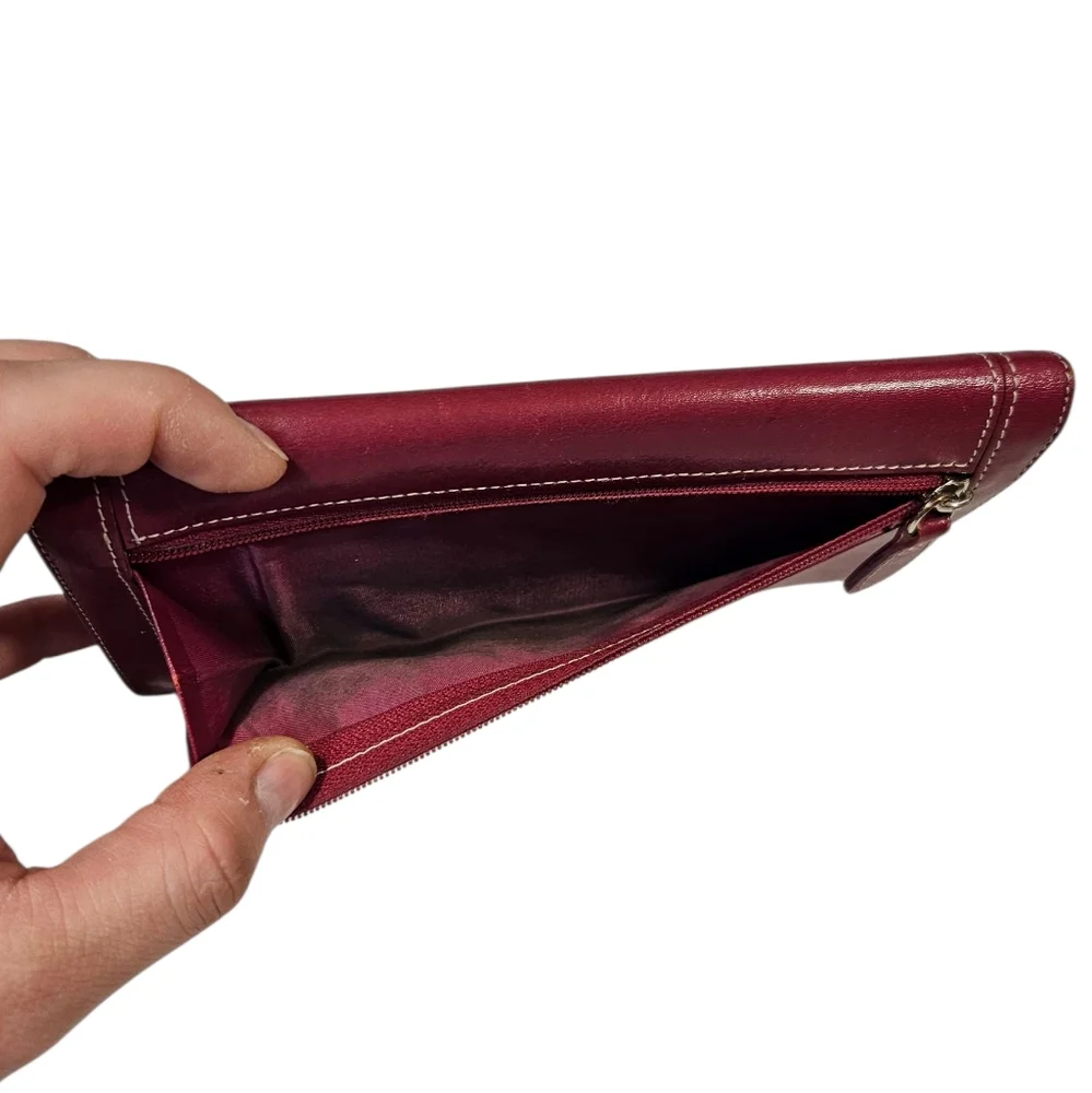 AMO Genuine Leather Wallet Clutch – Deep Berry Red, Snap & Zip, ID Window